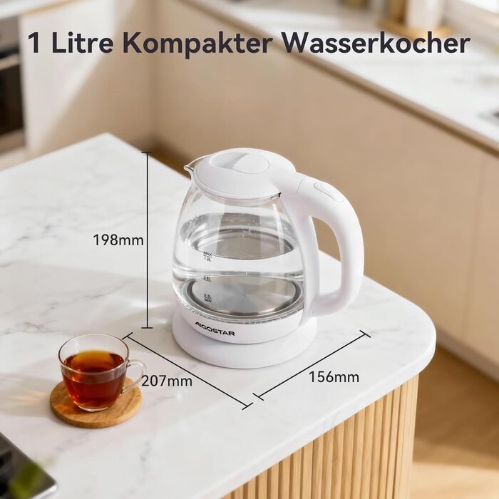 Електричний чайник Aigostar зі скла, 1 л, 2200W, LED-підсвічування, автоматичне відключення, захист від сухого кипіння, BPA Free, білий