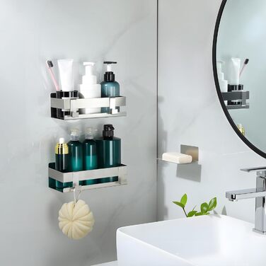 Поличка для душу YIGII без свердління, 3 шт. з нержавіючої сталі, органайзер для ванної кімнати, велика місткість, самоклеюча, з мильницею та 4 гачками, тримач для шампуню, сріблястий – 2 шт.