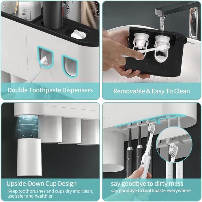 Wall-Mounted Toothbrush Holder with 2 Automatic Toothpaste Dispensers, 6 Toothbrush Slots, 3 Magnetic Cups, 1 Storage Drawer, and Large Storage Shelf