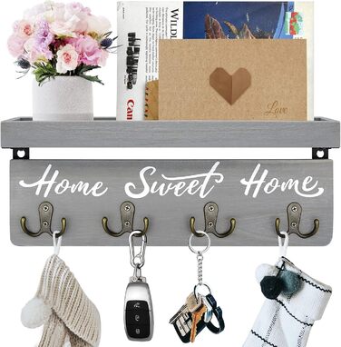 Key board with shelf, wooden key holder with 4 hooks, wall-mounted key rack for entryway, hallway, bedroom, living room, White (Green)