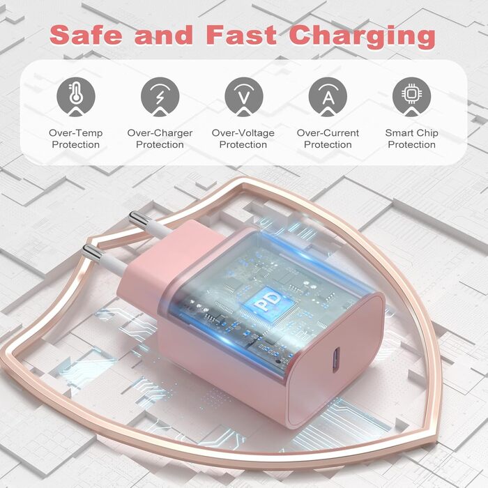 Зарядний пристрій USB-C 20W з кабелем Type-C 2м для iPhone 16/15/Pro/Air (Рожевий) - 2 шт.