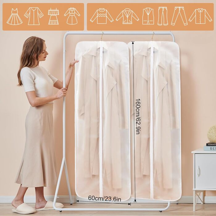 Набір мішечків для одягу GoMaihe (8 шт.) 60x100 см: для костюмів, суконь, пальто, сорочок. Захисні мішечки з прозорим віконцем та блискавкою. Білий колір.