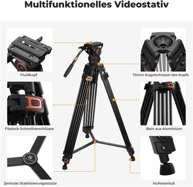 Штатив для камери K&F CONCEPT VA3+BV10: професійний відеоштатив з поворотним кріпленням, 184 см, для DSLR та відеокамер