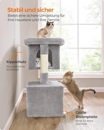 Feandrea Cat Tree, 84 cm Cat Tree, L, Cat House for Large Cats up to 7 kg, Large Platform, 2 Cat Caves, Sisal Posts, PCT61W (XL (68 x 48 x 101 cm), Light Grey)