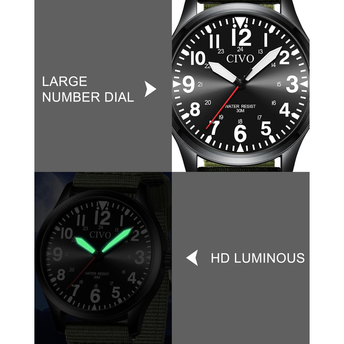 Годинник чоловічий CIVO водонепроникний з надійним ремінцем з нейлону, аналоговий кварц, великі цифри, світловідбиваючий, спортивний, для активного відпочинку, легкий у читанні, ідеальний подарунок (нейлон, B-2 зелений/чорний)