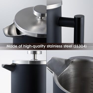 Набір для приготування кави френч-прес: термоізольований, з молочний пінозбивач, з нержавіючої сталі (матова чорна), 1 літр