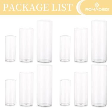 Candle Holders Glass Candle Holders Candle Stands Glass Cylinders: Romadedi 12-Piece Set of Candle Holders for Pillar Candles, Floating Candles, Candle Glass Vase for Wedding, Party, Dining Table, Table Decoration, Living Room Decor (15/20/25cm, 4 Sets)