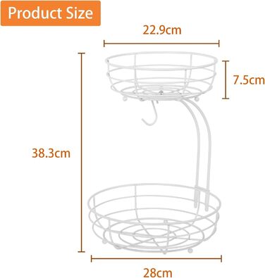 Металева фруктова корзина Bomclap з бананотримачем, 2 яруси - Фруктова та овочева корзина для кухні, біла