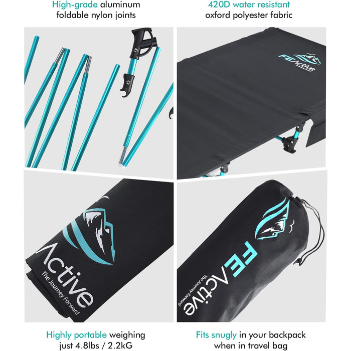 FE Active: Компактне розкладне ліжко з повного алюмінію, ультралегке, зручне для сну, портативне кемпінгове ліжко для кемпінгу, походів, трекінгу, подорожей з рюкзаком. Розроблено в Каліфорнії