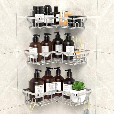 Набір з 3 кутових полиць для душу без свердління, вологостійкий та антикорозійний, органайзер для ванної кімнати, тримач для шампуню та гелю для душу (чорний та срібний)