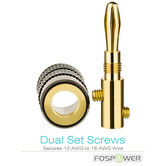 Позолочені бананові роз'єми FosPower для акустичних кабелів та сабвуфера, 24K Gold, High-End (24 шт / 12 пар, червоний та білий)