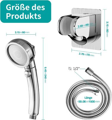 MIAOHUI Showerhead, Water-Saving with Water Stop Function, 3 Spray Patterns, Pressure-Boosting Showerhead, Shower with Hose and Holder (Chrome)