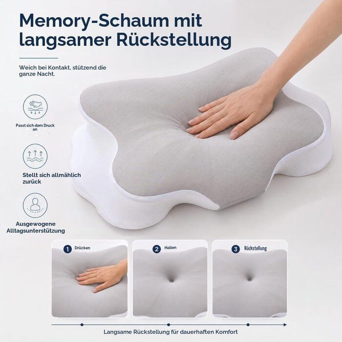 Ергономічна подушка з ефектом пам'яті (Memory Foam) для підтримки шиї та голови, універсальна для всіх поз сну, сіро-біла