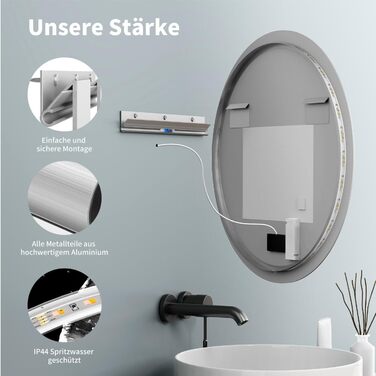 Дзеркало для ванної кімнати HOKO ULM 60см з підсвічуванням LED, антизапотівачем та сенсорним вимикачем. Колір сріблястий. Розміри 60x60 см.