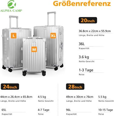 Чемодан ALPHA CAMP XL з алюмінієвим каркасом та полікарбонатною жорсткою оболонкою, TSA-замок, 40x36x77 см, 93 л, срібний