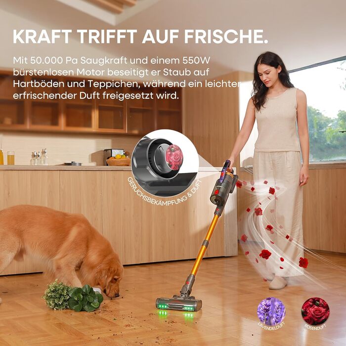 Бездротовий акумуляторний пилосос KIPMAX 50000Pa, 550W, 70 хвилин, 1.5L, з дисплеєм, антизаплутана щітка, 7-шаровий фільтр, 2 арома-пластини, для килимів, шерсті тварин, твердих поверхонь, золотий