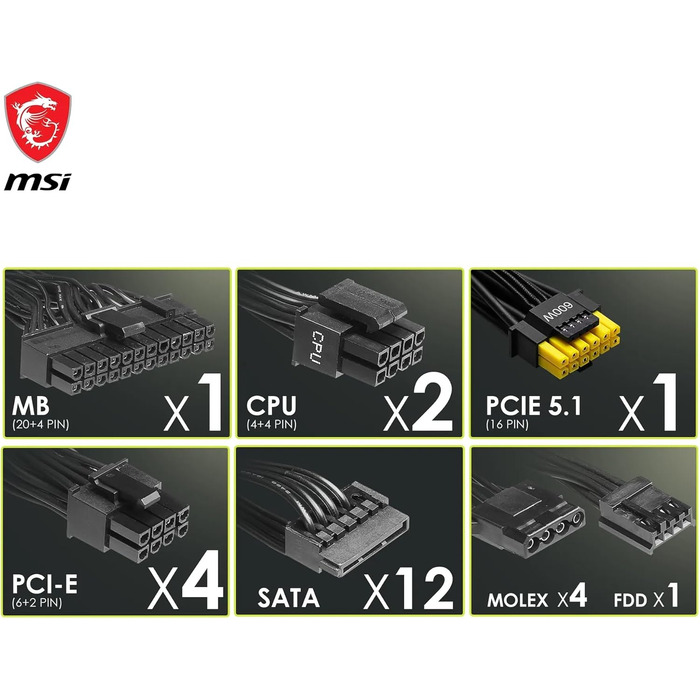 Блок живлення MSI MAG A750GL PCIE5 750W, 80 Plus Gold, повністю модульний, ATX 3.0, підтримка PCIe 5.0, 120мм FDB вентилятор, чорні плоскі кабелі