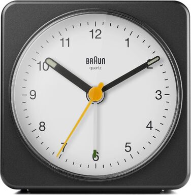Braun Classic Analog Alarm Clock with Snooze Function and Light, Silent Quartz Movement, Crescendo Alarm, Black and White Model BC03BW.