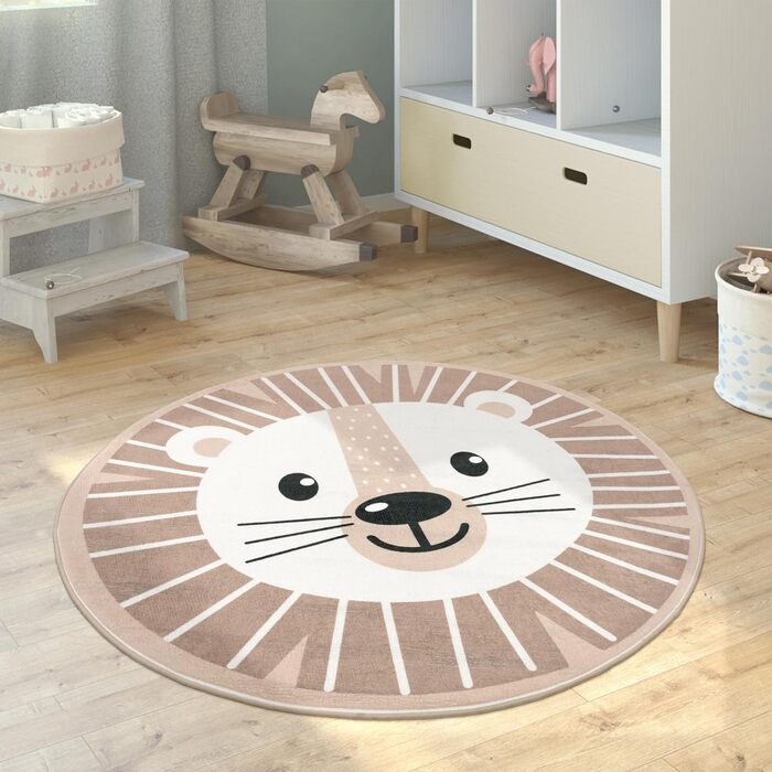 Дитячий килим Paco Home, круглий, 120 см, кремовий, ігровий, нековзкий, для дитячої кімнати, з місяцем, коалою та левом