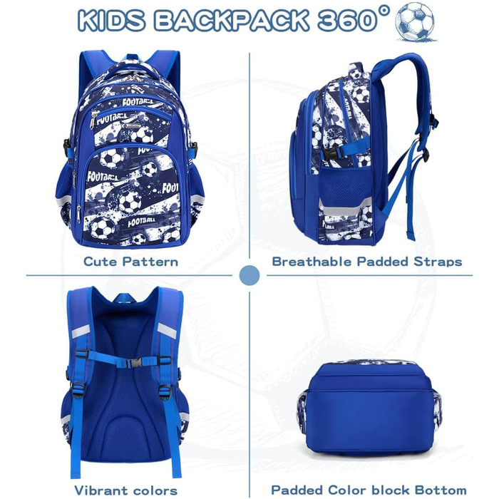 Дитячий рюкзак Cusangel для дівчаток та хлопчиків, ергономічний, регульований, водостійкий, з нагрудним ременем (синій, з футбольною тематикою)