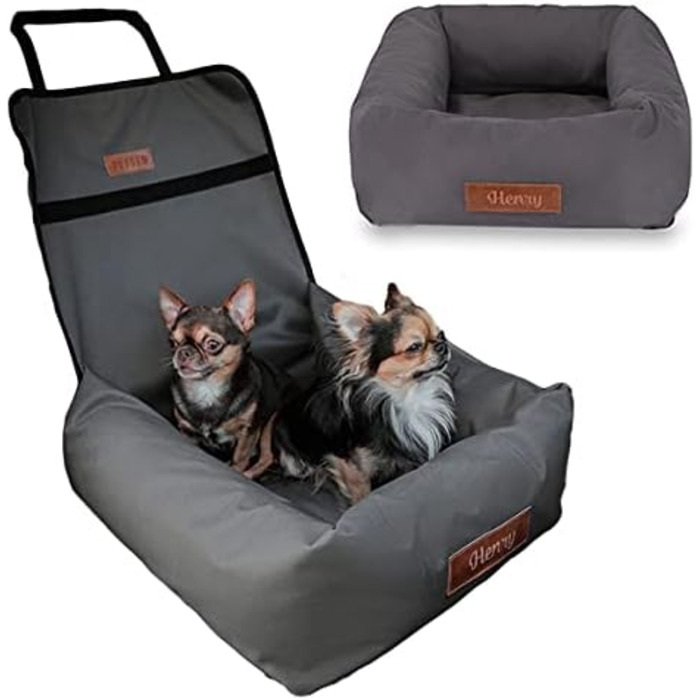 Крісло-ліжко для собак Petsen з іменем, сіре. Зручне автокрісло для собак маленьких порід, автоліжко з ліжком та поводок.