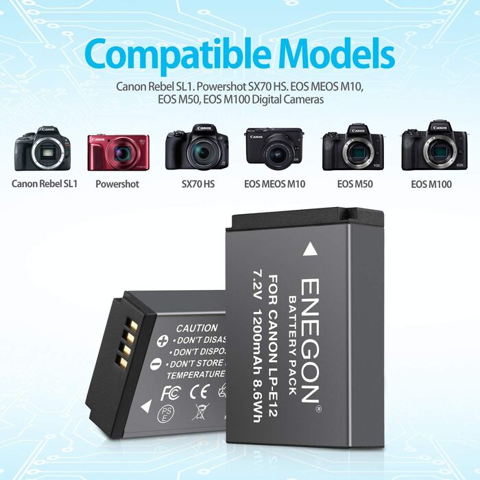 Акумулятори ENEGON LP-E12 1200mAh для Canon EOS M50, M50 Mark II, M, M2, M10, M100, M200, Rebel SL1, 100D, Kiss X7, PowerShot SX70 HS + LED зарядний пристрій