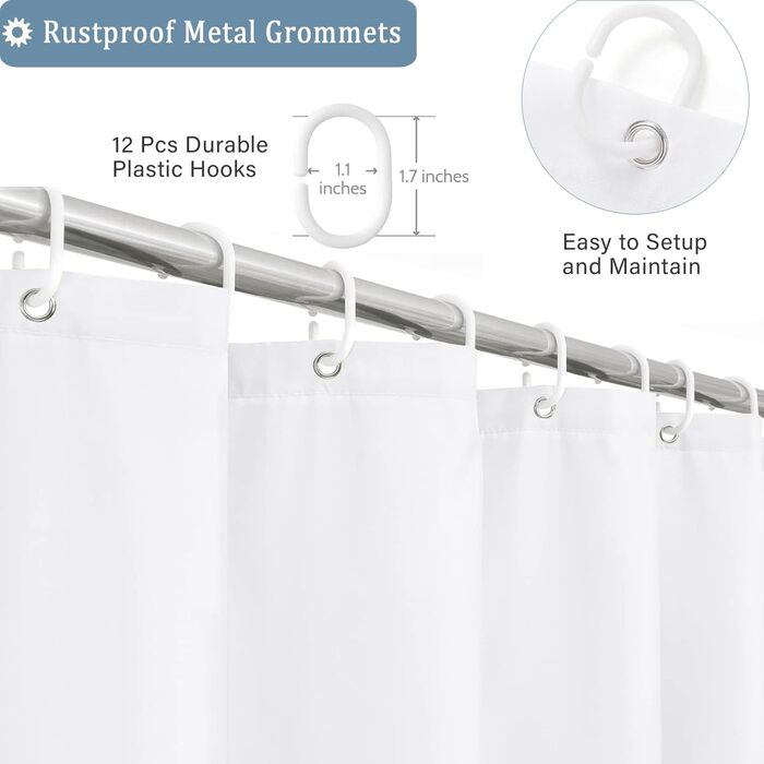 Штора для ванної кімнати біла 180x200 см, текстильна, водовідштовхувальна, антигрибкова, з кільцями - якісна штора для душу