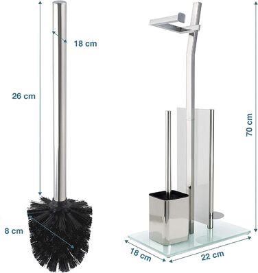 Набір для ванної кімнати з тримачем для туалетного паперу – Хромований, без свердління, з нержавіючої сталі, скляний підстав, 32x20x70 см, проста установка, 1 та 2 щітки, срібний