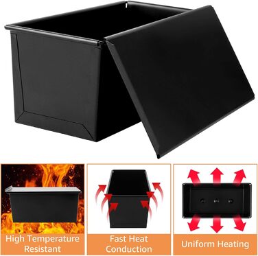 VIDETOL 2 Pack Loaf Pans with Lid, 450g Toast Bread Mold Non-Stick, Black Bread Box for Toast and Bread