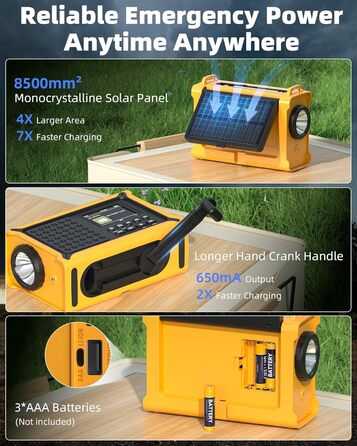Сонячне радіо Solar Radio з ручкою, 12000mAh, DAB/DAB+/UKW, радіо для надзвичайних ситуацій з сонячною панеллю 8500мм² та ручкою 650mA, радіо з динамо, Bluetooth, ліхтарик та зарядний пристрій USB, для кемпінгу, надзвичайних ситуацій (жовте)