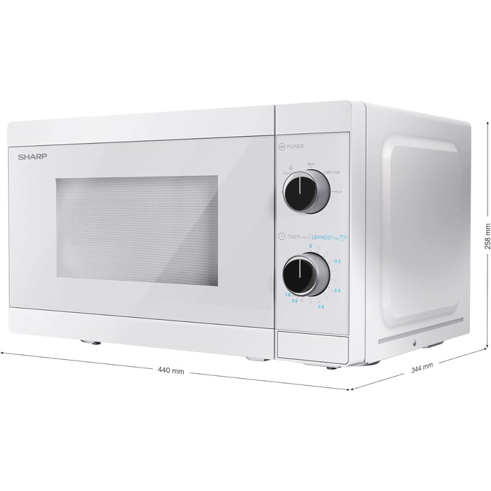 Мікрохвильова піч SHARP R200BKW Solo, 20 л, 800 Вт, 5 режимів, таймер, функція розморожування за вагою, енергозберігаючий режим, скляний піднос 25,5 см