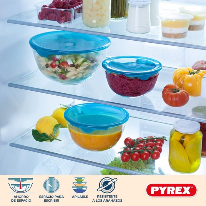 Pyrex® Prep & Store Glass Bowls with Lids, durable, 0.5 l, 1 l, 2 l, BPA-free, set of 3