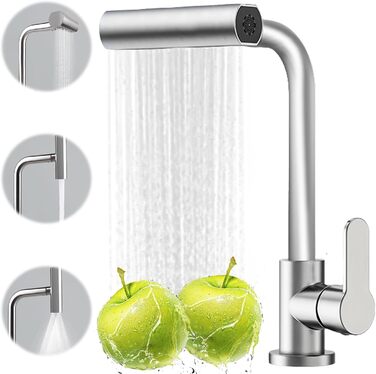 Кухонний змішувач Wasserhahn з поворотним виливом 360°, високий тиск, 4 режими струменя, з душом, з підключенням (нержавіюча сталь)