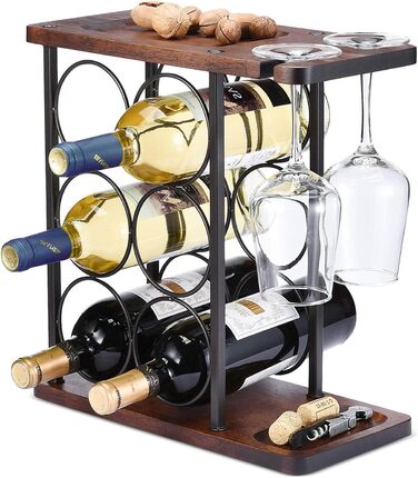 Wine rack with glass holders, tabletop wine holder with tray, freestanding wooden wine rack, perfect for home decor & kitchen storage rack, etc. (holds 6 bottles and 2 glasses)