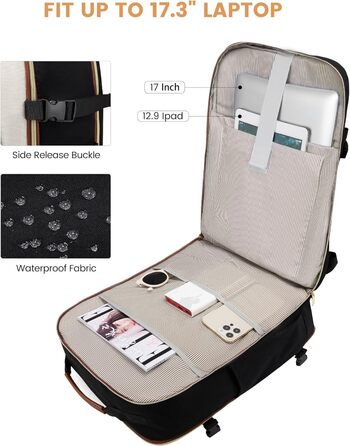 Рюкзак LOVEVOOK для ручної поклажі літака, 40L, водонепроникний, для ноутбука 17 дюймів, для подорожей, школи, роботи, кемпінгу, чоловічий/жіночий, бежевий+чорний+коричневий