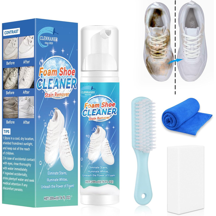 White Shoe Cleaner, 6.76 Oz Shoe Cleaner Kit with Brush and Towel, sneaker cleaner works on Leather, Knit, Canvas, Suede, PU