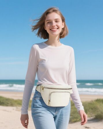 Сумка на пояс для жінок та чоловіків, стильна поясна сумка з 4 кишенями на блискавці та регульованим ремінцем, ідеальна для подорожей та піших прогулянок (Запатентовано), бежевий колір