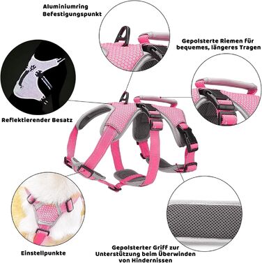Шлейка для собак BELPRO, багатоцільова, антизламання, без тяги, світловідбиваюча, регульована, з міцною ручкою, для великих/активних собак (L) (1 шт, Рожевий)