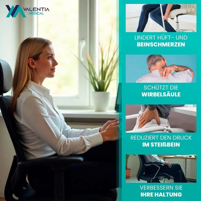 Ортопедична подушка для сидіння VALENTIA MEDICAL з піною з пам'яті – ергономічна подушка для куприка, офісного крісла та авто. Зменшує пролежні, геморой та болі в спині.