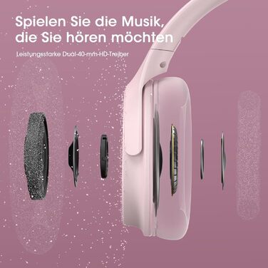 Бездротові навушники DOQAUS Bluetooth з тривалим часом роботи (70 год), Over-Ear, Bluetooth 5.4, Hi-Fi стерео, 3 режими EQ, для подорожей/телефону/ПК (Рожеві)