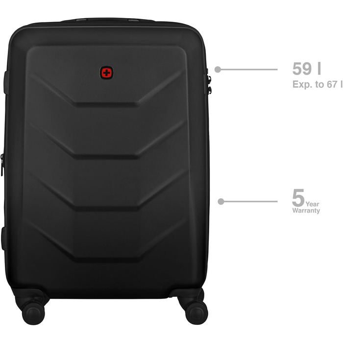 WENGER Prymo Medium Hard Shell Suitcase with 4 Wheels, Trolley, Medium Size, 59 (67) L, Security Lock, Women's/Men's, Travel/Vacation, Black, 612537