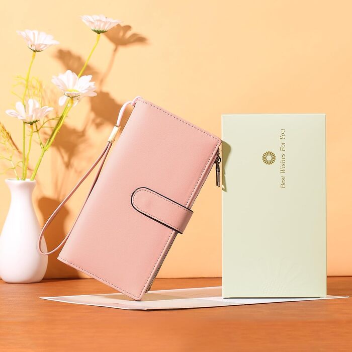 GOIACII Wallet for Women, Leather Wallet for Women, RFID Blocking Large and Long Wallet for Women with Multiple Card Slots, Removable Wrist Strap