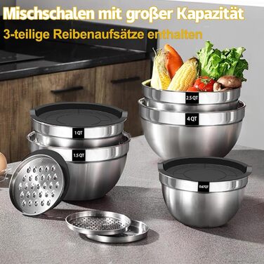 Terlulu Mixing Bowl Set of 5, Stainless Steel Bowl Salad Bowl Set with Airtight Lid, 3 Grater Attachments, 4.5L, 2.7L, 1.6L, 1.1L, 0.7L, Nesting & Dishwasher Safe