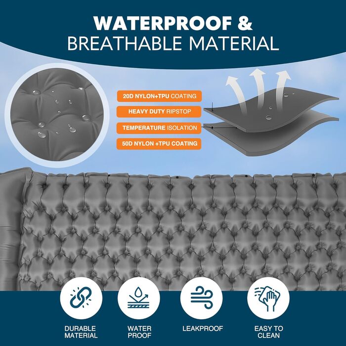 Кемпінгова килимок Voyager Single Ultraleicht: самонадувний, компактний, для кемпінгу, походів, рюкзаків, з сумкою (сірий, двоспальний)