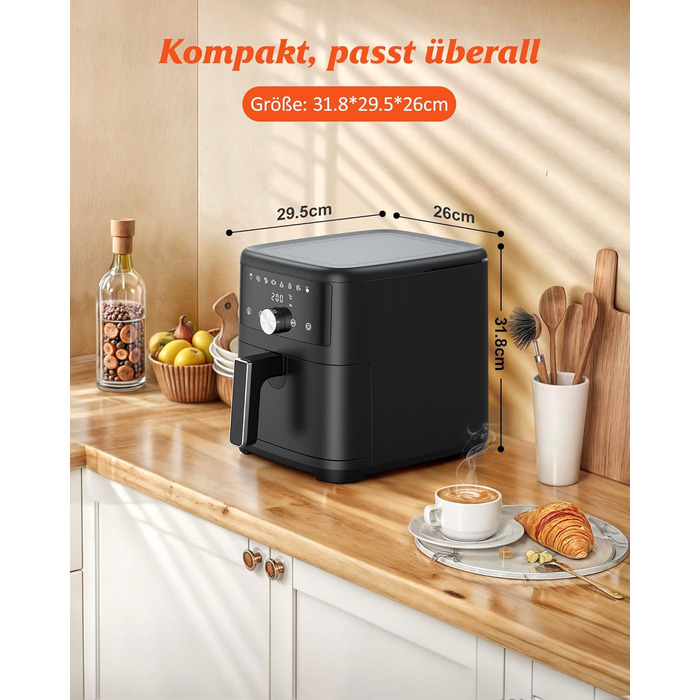 Фритюрниця повітряна Innsky 6L, 8-в-1, 1500W з LED-touchscreen, чорна. Енергозберігаюча, для 3-5 осіб, 50dB, миється в посудомийній машині