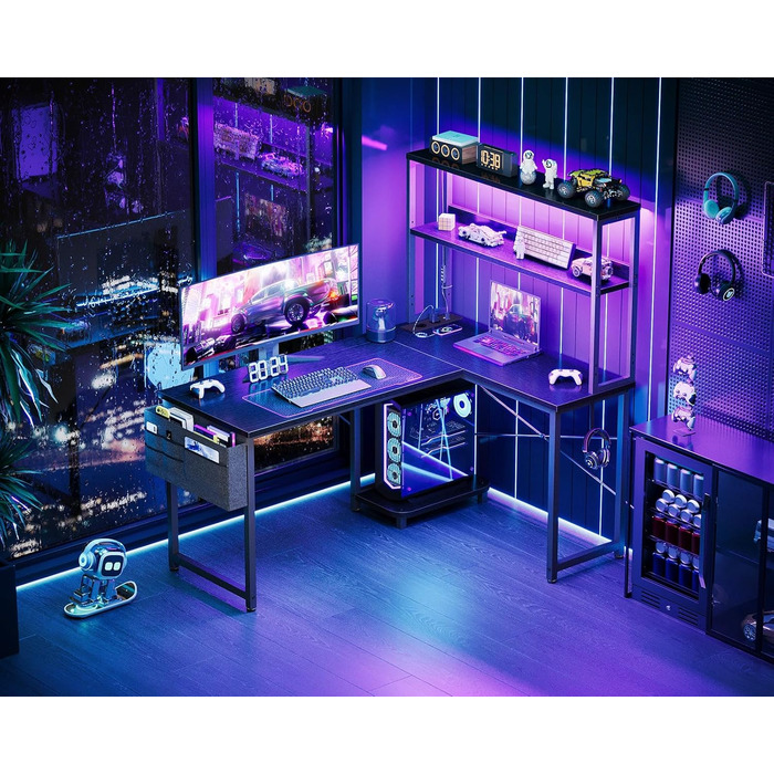 Ігровий стіл Coleshome L-подібної форми з LED підсвічуванням та розетками, 135 × 100 см. Реверсивний кутовий стіл з полицями та сумкою для зберігання, для дому та ігор (110×80 см, чорний)