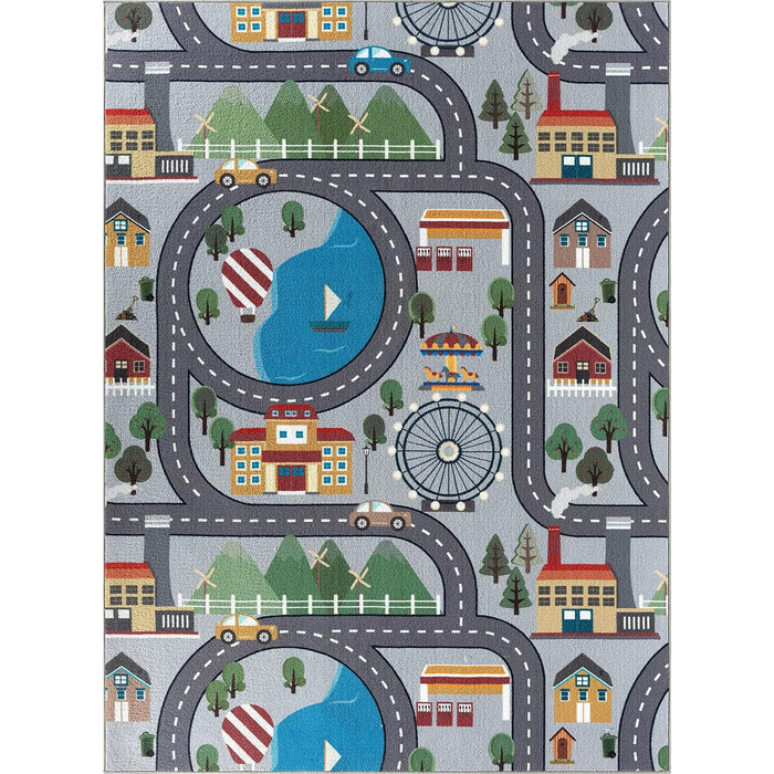 Дитячий килим Happy Life: Ігровий килим з малюнком дороги, джунглі, тварини та машинки, антиковзкий, 80x150 см (Сірий, прямокутний 120x160 см)