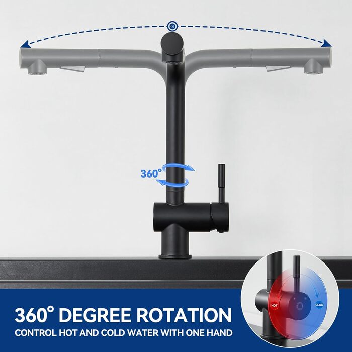Кран кухонний CECIPA Hochdruck, висувна насадка, двосторонній струмінь, поворотний 360°, з нержавіючої сталі, чорний матовий, ×207B L-подібний, ×2