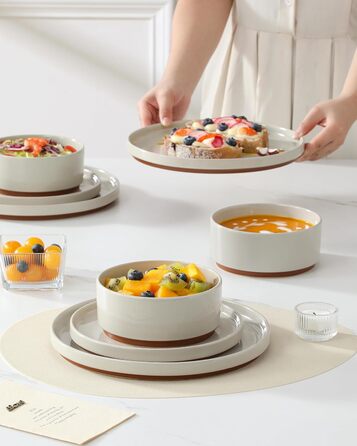 MALACASA Набір посуду з каменю 6 осіб, 18 предметів: тарілки, миски, керамічний сервіз з глазур'ю 