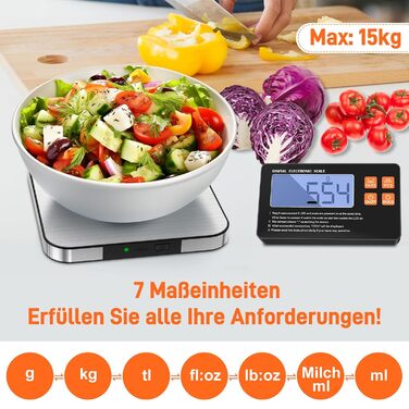 Цифрова кухонна вага, 1г/15кг, з LCD-дисплеєм, функція підрахунку та тарування, 7 одиниць вимірювання